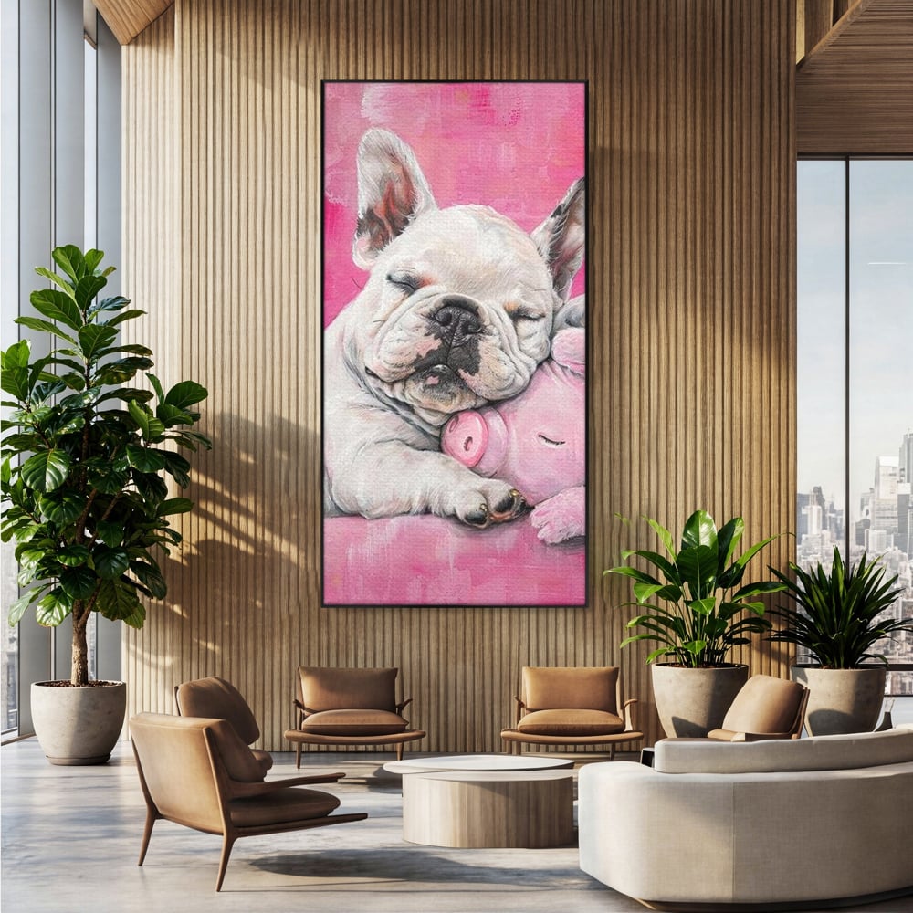 Tablou canvas cu pictura cu bulldog si porcusor, in rama de aluminiu negru, pe perete intr-un birou